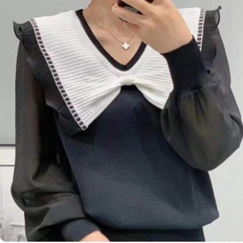 

Женская одежда Бант Матросский воротник Рубашка Повседневная Однотонная Весна Осень Длинный рукав Стильная Складки Вставка Повседневная Свободная Блузка XXL чёрный