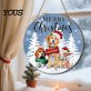 Rustic Christmas Wall Art Hanging Sign, Round Wooden Welcome Cute Dog Gingerbread Retro Holiday Wood Plaque Man Sign for Front Door Porch Decor