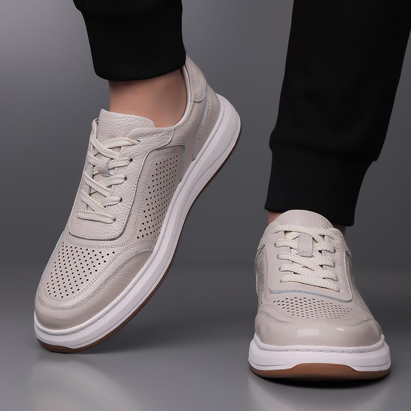 Little White Shoes Hollow Breathable Casual Shoes Men's First Layer Cowhide Low-top Board Shoes Versatile