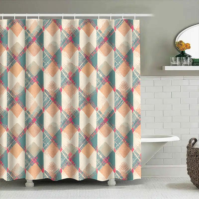 Patterned Bath Shower Curtain Set Made Of Waterproof Fabric For Bathroom Decoration In Modern Design With Green Orange Brown Col