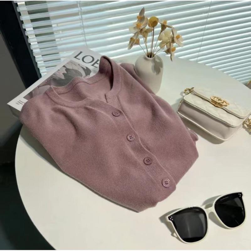 Women Autumn Winter Long Sleeve V Neck Wardrobe Staple Solid Color Thin Loose Cardigan Sweater Coat