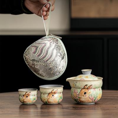 Cute Rabbit And Beautiful Flowers Ceramics Travel Tea Set Portable Outdoor KuaiKe 1Teapot 2Teacups KungFu Tea Set Tea Ceremony