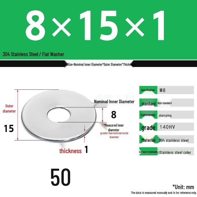 304 Stainless Steel Thickened Flat Washer Set, Sizes 2-36