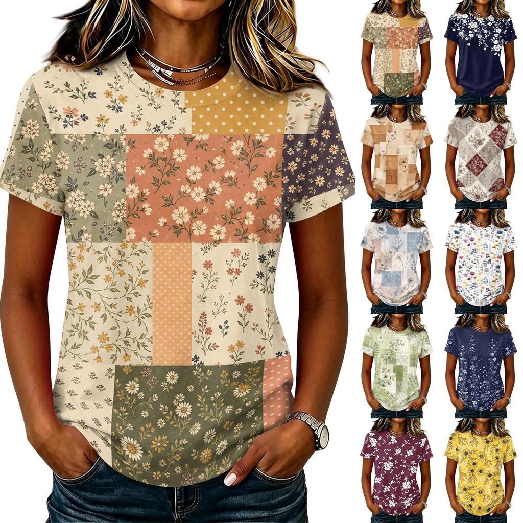 Damen Freizeit Pullover Kurzarm T-Shirt Blumenprint Rundhalsausschnitt Oberteil Weiches Leichtes Sommer-T-Shirt für den Alltag