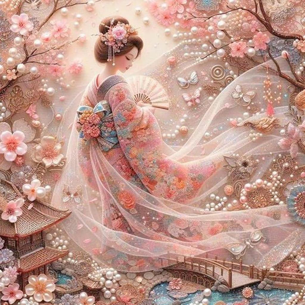 Japanese Geisha Beauty Full DIY 5D Round Drill Diamond Art Kits 40x40cm for Adults/Beginners Gift Idea Home Wall Decor