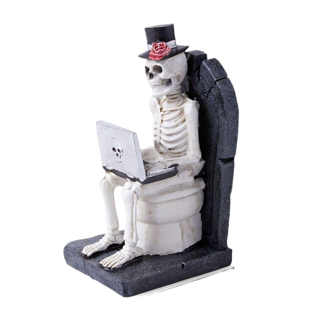 Halloween Scary Skeleton Watching Computer Statue Decor Ghost Festival Ornament