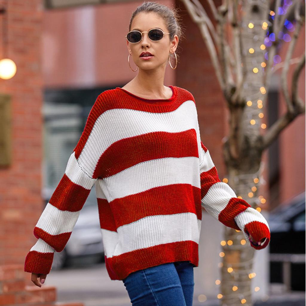 Autumn and Winter Women's Sweater, Women's Rolled Edge Round Neck Striped Color Blocked Knit Sweater