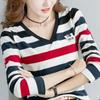 Stylish Patch Designs Pullovers Spring Autumn Round Neck Button Long Sleeve Women's Clothing Slim Casual Striped Basic T-shirt