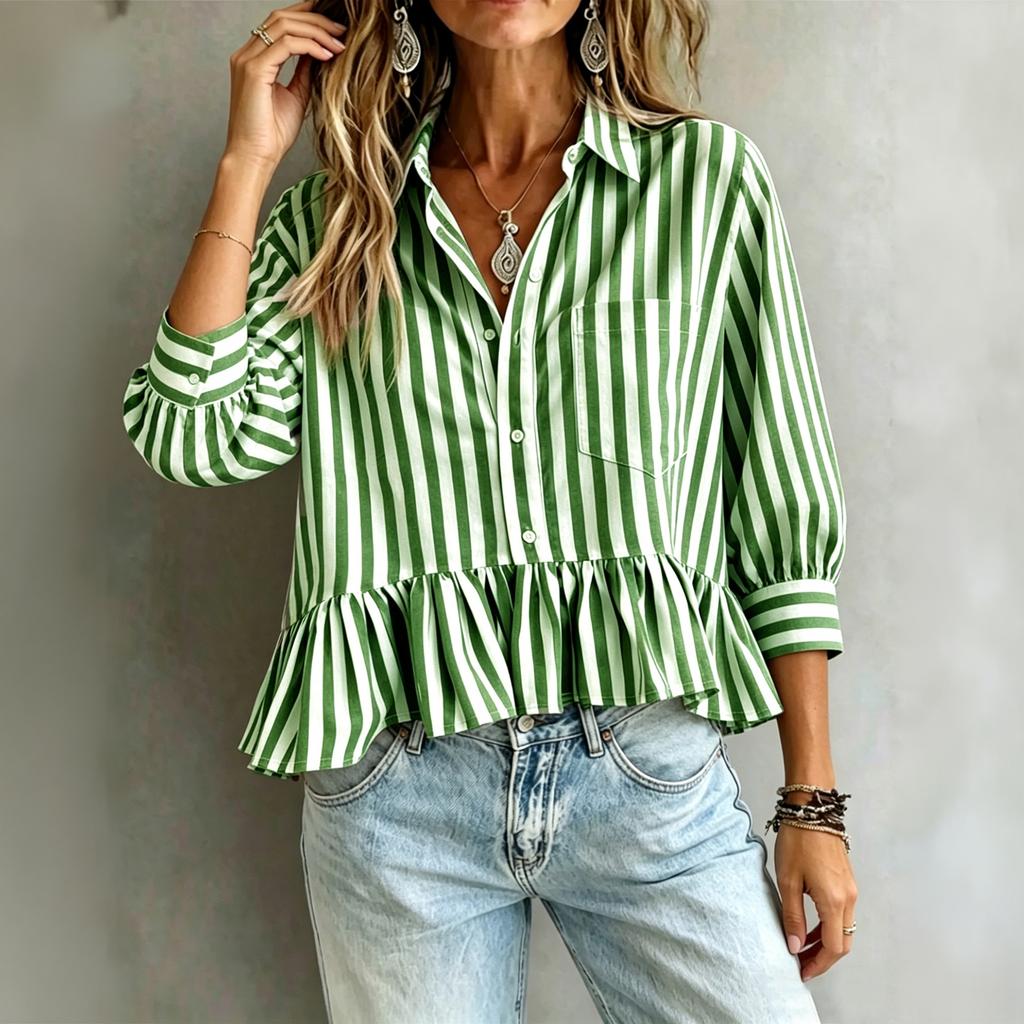 Women's Striped Ruffle Blouse – Fashion Casual 3/4 Sleeve Shirt, Summer Tunic Top