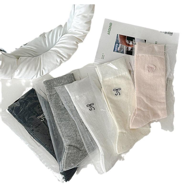 24 Spring And Summer Thin Striped Women'S Socks Bow Embroidered Medium Tube Socks Children Japanese Sweet Stockpile Socks