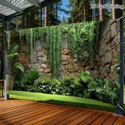2D Rustic Cobblestone Wall Hanging Ivy Tropical Palm Green Lawn Pine Forest Backdrop