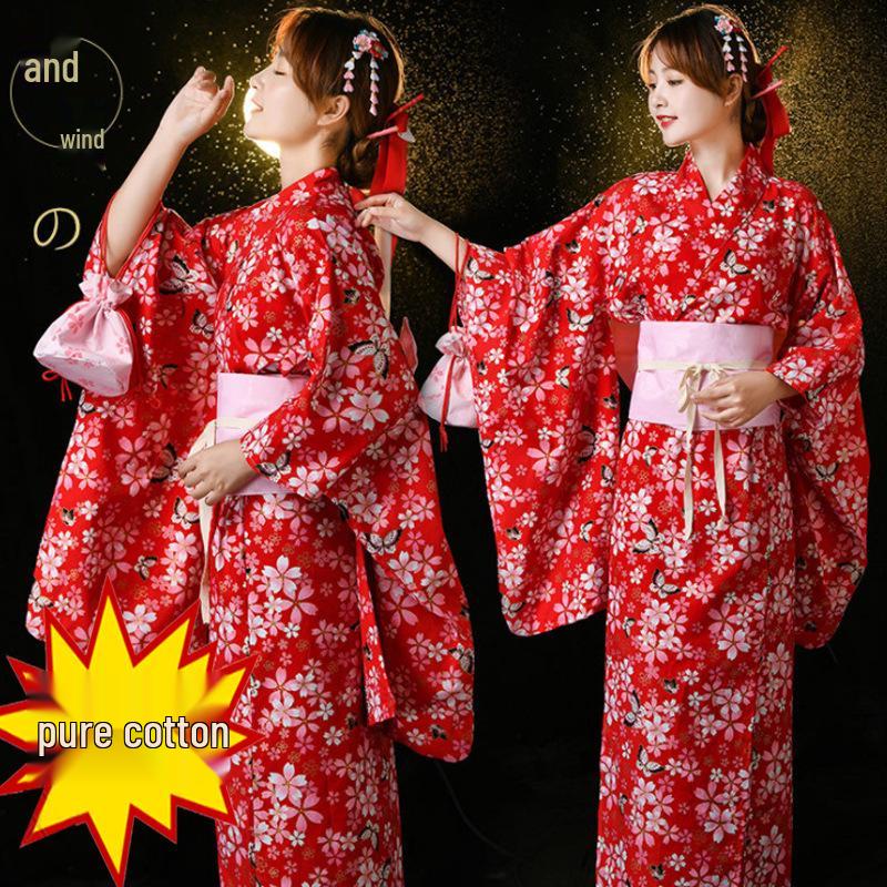 Japanese Wafu Hot Stamped Cotton Kimono for Girls - Bathrobe, Cosplay, Stage, or DIY Props