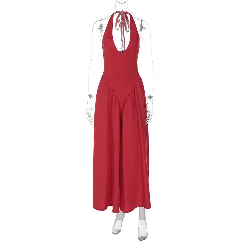 

Gusty French Hepburn Style Deep V Halterneck A- line Dress Female 2024 Summer Vacation Waist-Tight Retro Swing Long Dress Red L