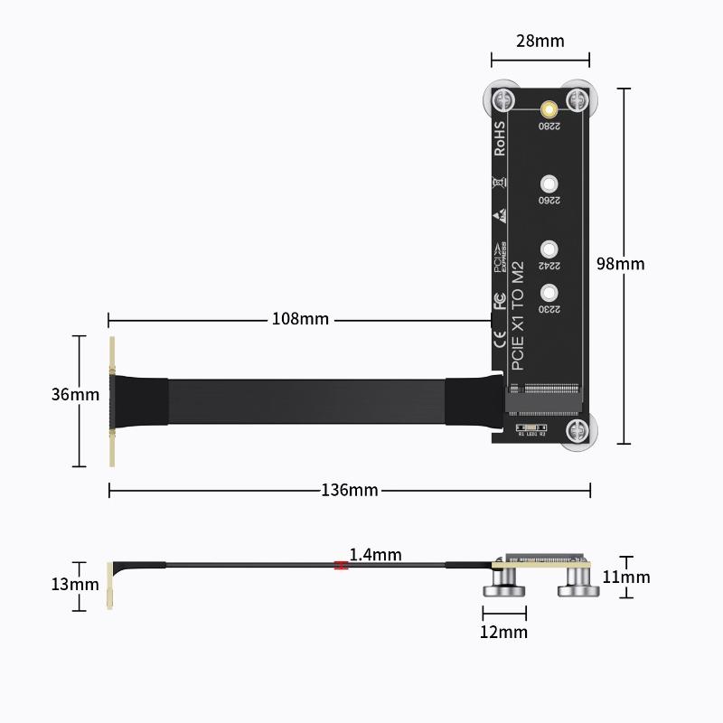 1 szt. Karta riser M.2 NVMe na PCIe X1/X4/X8/X16 z kątem prostym, przedłużacz PCI Express do komputera stacjonarnego