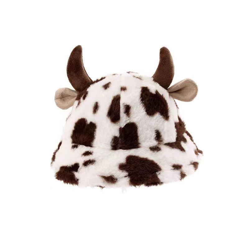 Autumn and winter new cow print horn fisherman hat female print Korean fashion plush thickened warm basin hat