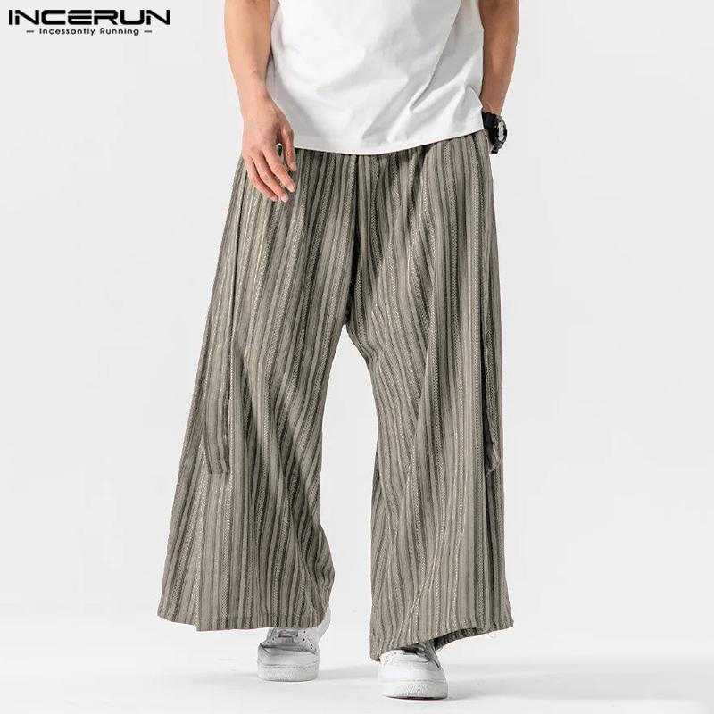 INCERUN Vintage Men Elastic Waist Striped Casual Loose Long Wide Legs Pants
