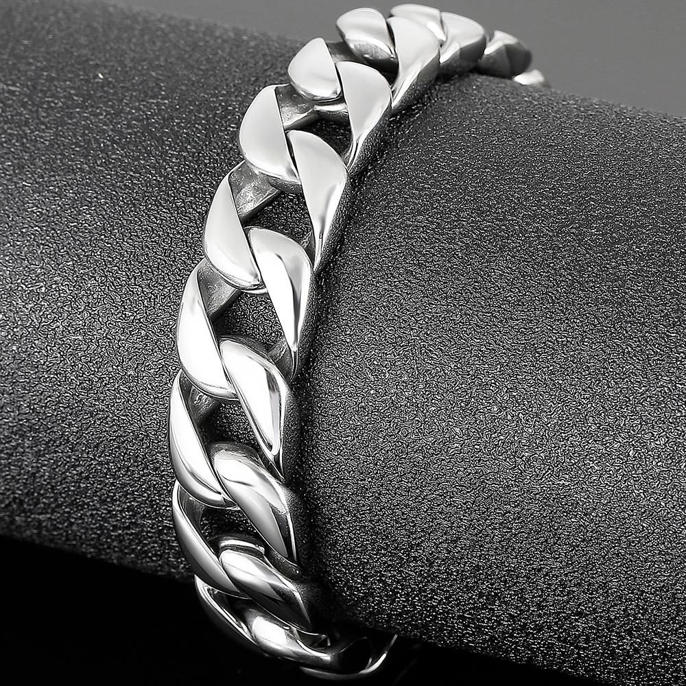 Gothic Skull Men's Bracelet 15MM Width Polished Stainless Steel Cuban Link Chain Hip Hop Streetwear Biker Jewelry