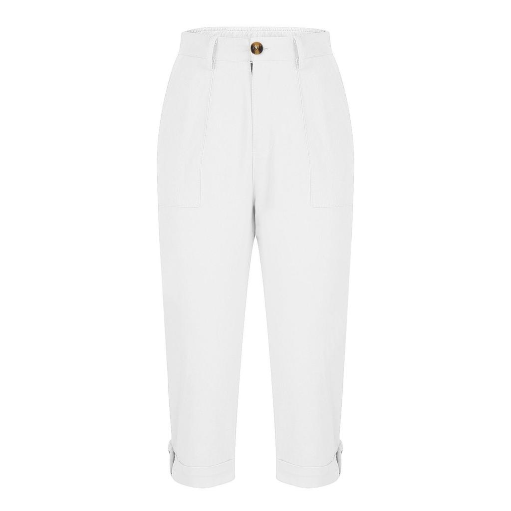 Women Casual Capri Pants High Waisted Rolled Cuff Ankle Pants Solid Color Pocket Detail Loose Fit Trousers