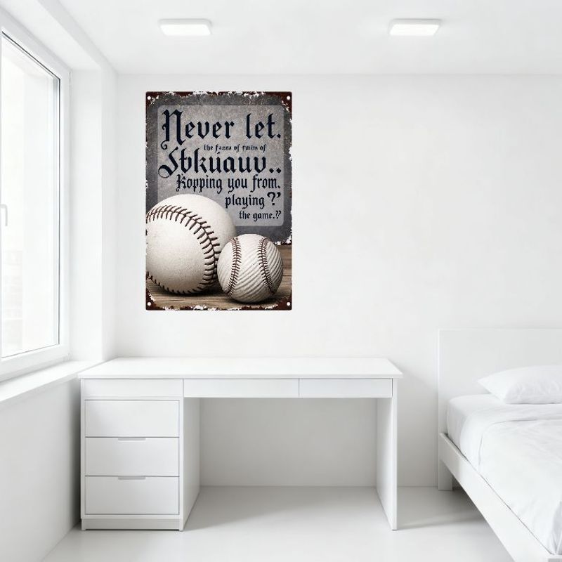 Rustic Vintage Metal Sign with Baseballs - 'Never Let Fears Keep You From Playing' Inspirational Plaque for Man Cave Home Decor,