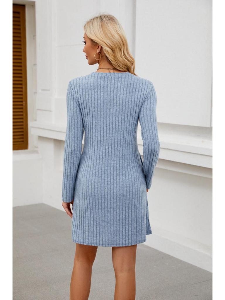 2024 Trendy Women's Long Sleeve Dress: Round Neck with Side Buttons, Pockets, and Waist Tie.