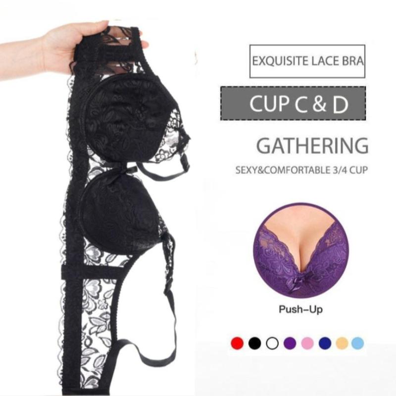36-46 Plus Size Women Ultrathin Bra Underwire Push-Ups Lace Bras Brassiere Larger Breast Solid Color 3/4 Big Cup