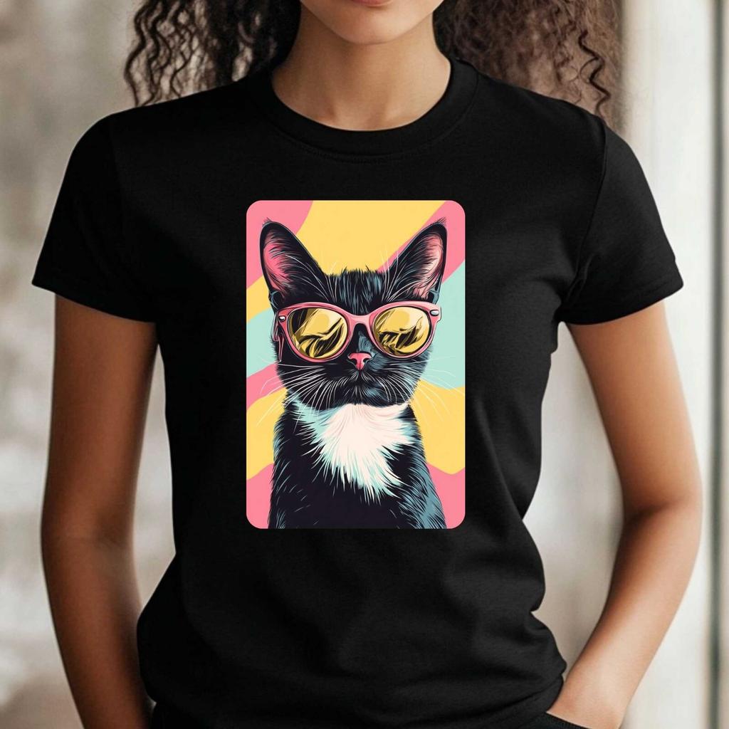 T-Shirt Frauen Katze mit Sonnenbrille Motiv Baumwolle Größe XS bis 3XLWird in neuem Fenster oder Tab geöffnet