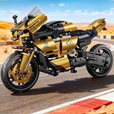 TOYLINX 1:10 Scale Technic Motorcycle Building Blocks 703pcs Black Gold Mechanical Racing Bike Model Kit Movable Parts STEM Toys