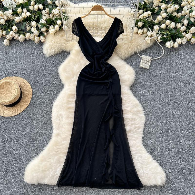 Women's Sexy Cross-sectional V-neck Short-sleeved Dress with A Cinched Waist and A Figure-hugging Slit Ruffled Dress