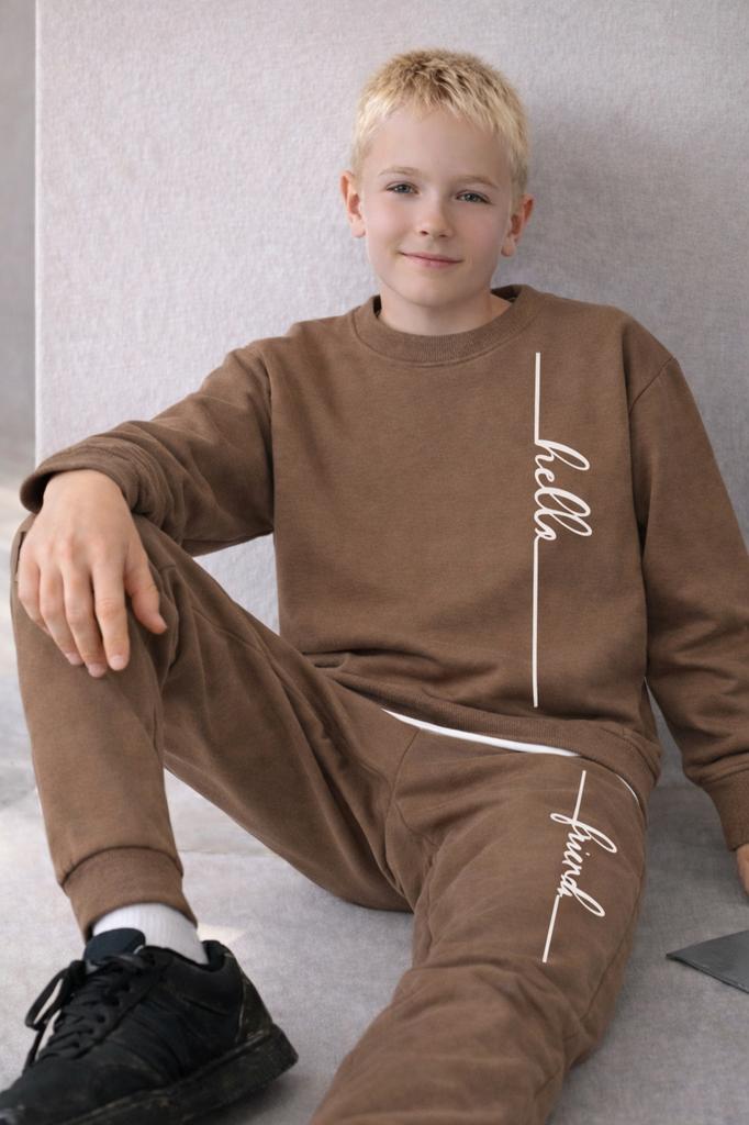 Children' Warm Tracksuit Set 134 Two-Piece With Cappuccino Print