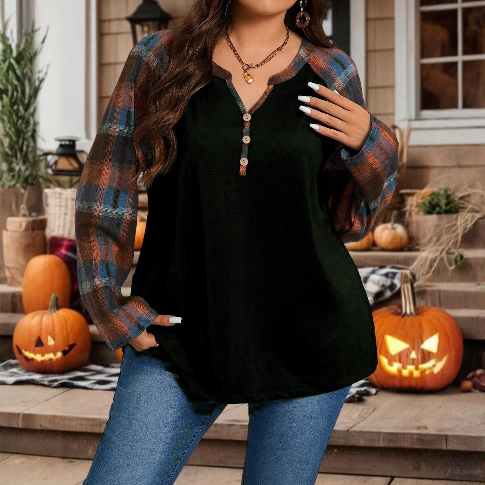 

Женский повседневный и модный топ большого размера в клетку с принтом пэчворк, с длинными рукавами и V-образным вырезом XXL