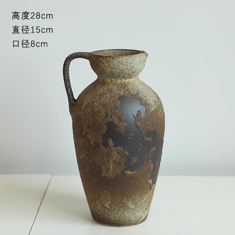 Vintage Dual Ear Coarse Ceramic Vase, Flowerpot, Living Room Decoration, Dining Table Flower Arrangement Container, Pottery Jar
