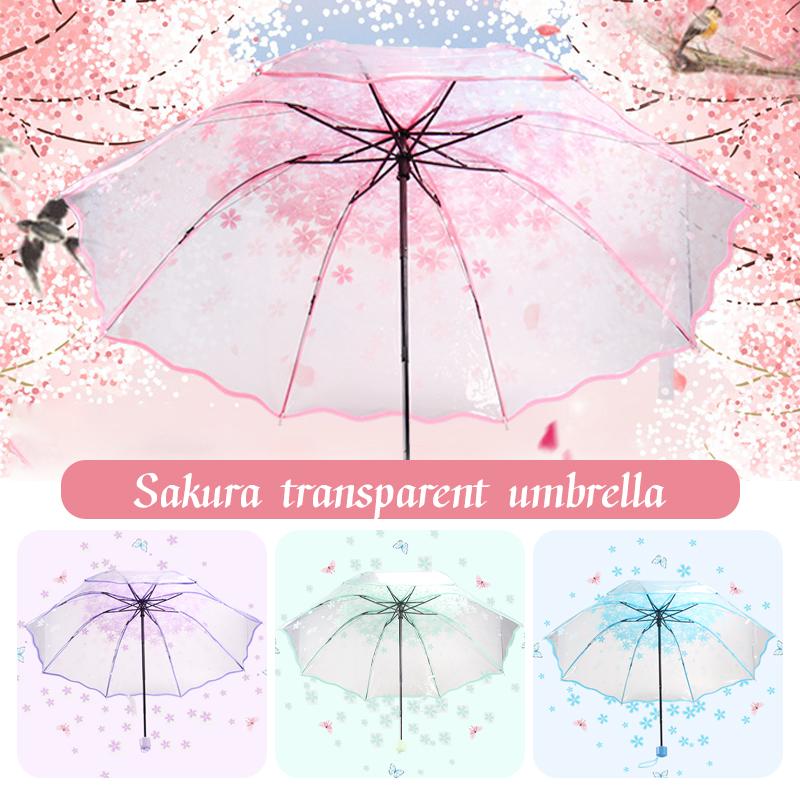 Fashion Automatic Cute Sakura Rain Umbrella Transparent Three-fold Umbrella Cherry Blossom Mushroom Sakura Umbrella Rain Gear