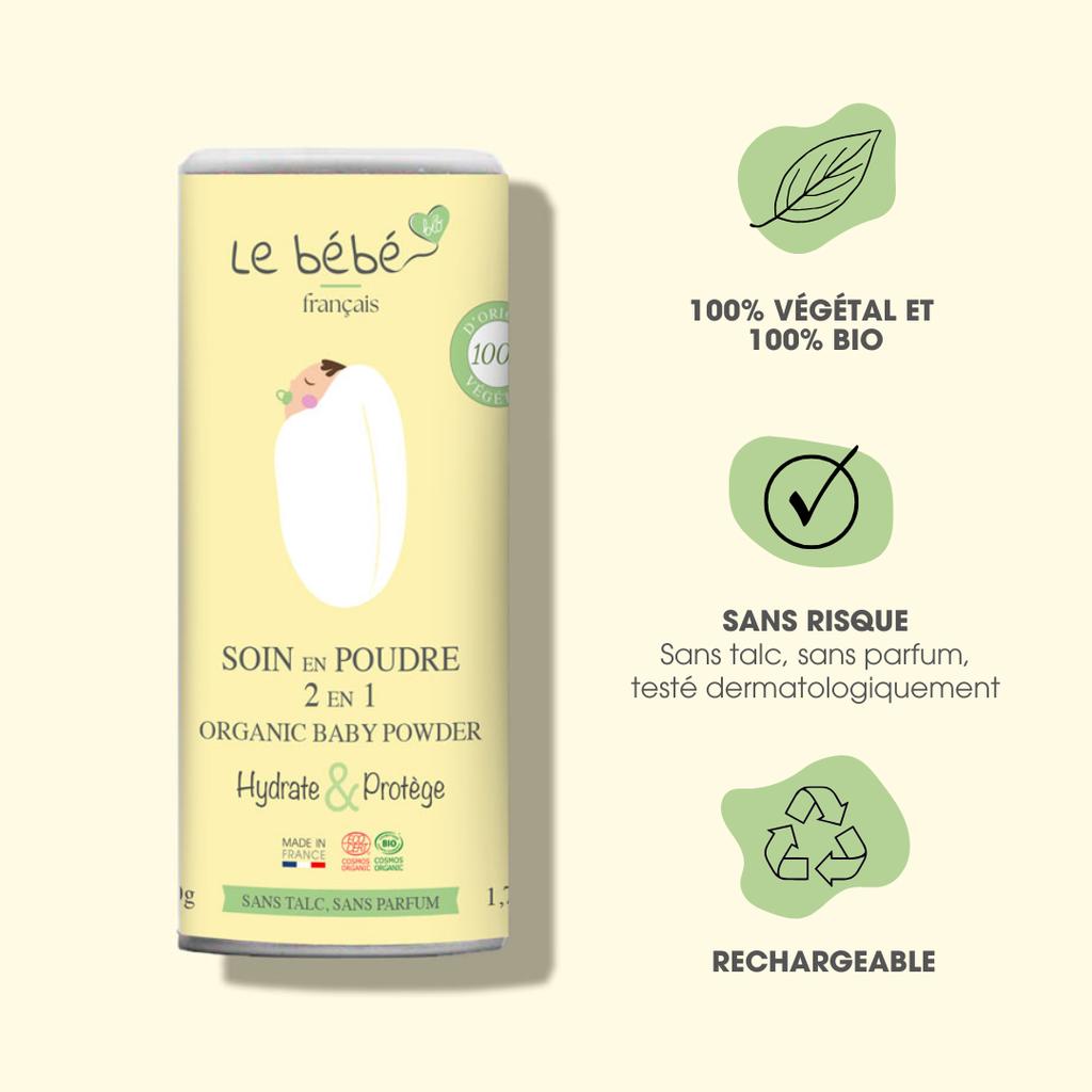 Lot de 2 SOINS EN POUDRE 2 EN 1 apaise, soulage les peaux fragiles 100% bio & végétal poudrier 2x50g