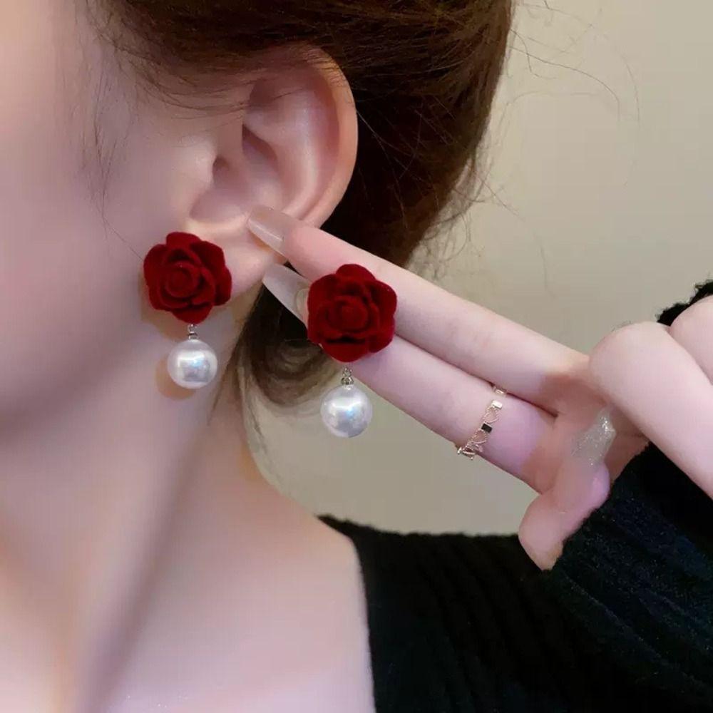 Bowknot Wine Red Bow Drop Earrings Pearl New Year Earrings Elegant Red Velvet Bow Earrings Girl