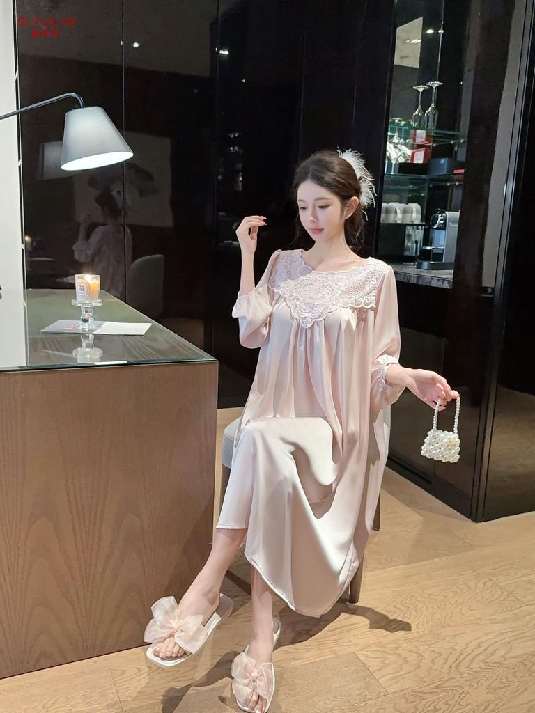1011 new ice silk nightdress women's long-sleeved lace spring and autumn loungewear high-end light luxury style can be worn outside pajamas