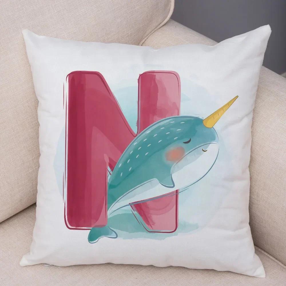 Cute Cartoon Cushion Cover Water Color English Letter Print Pillow Case Soft Animal Print Pillowcase For Children Room Decor