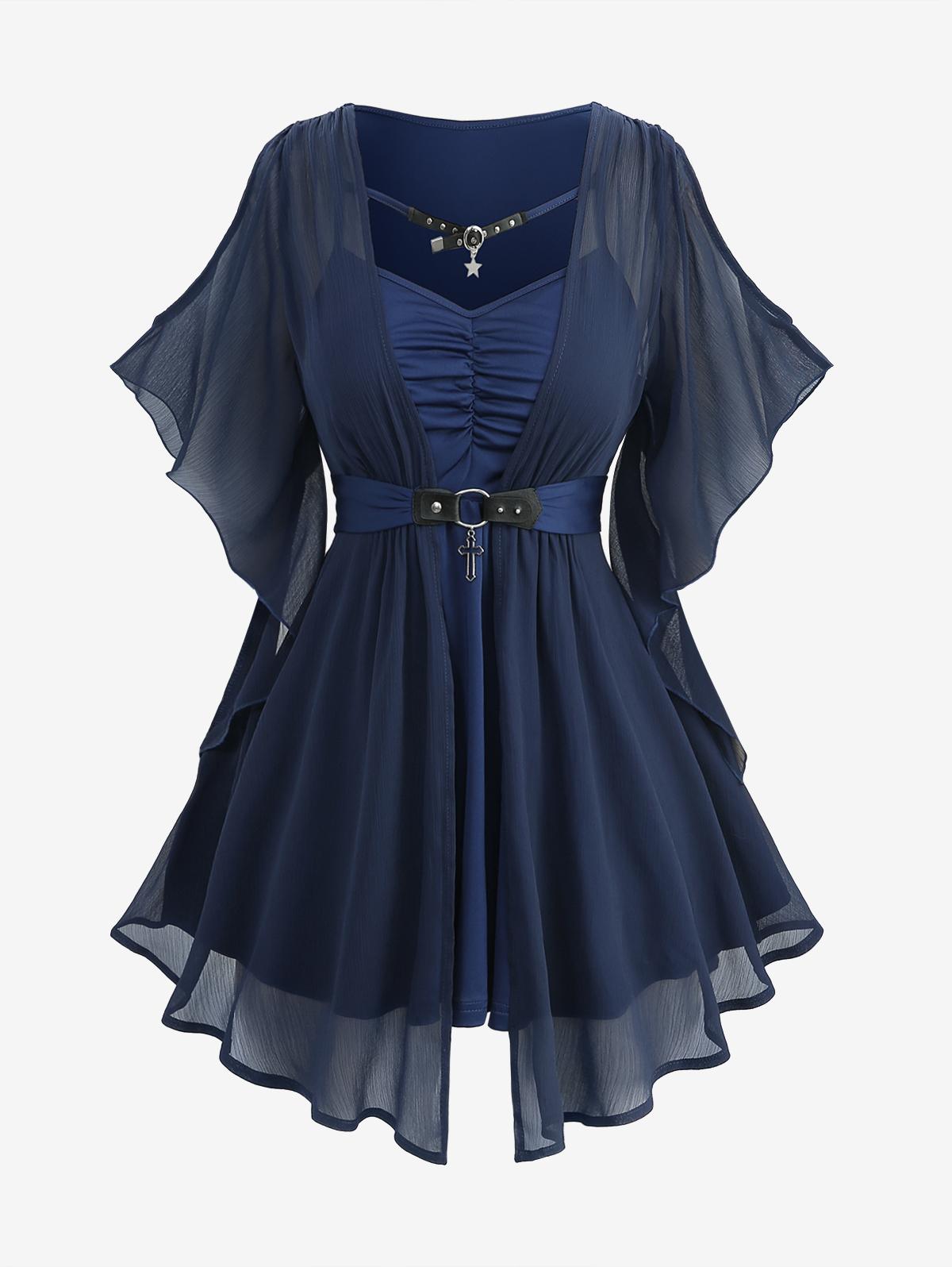 

Rosegal Плюс Сайз Блузка с шифоновыми рукавами-бабочками, текстурированная, со сборками, с О-образным кольцом и перекрещенным ремнем XL синий/глубокий