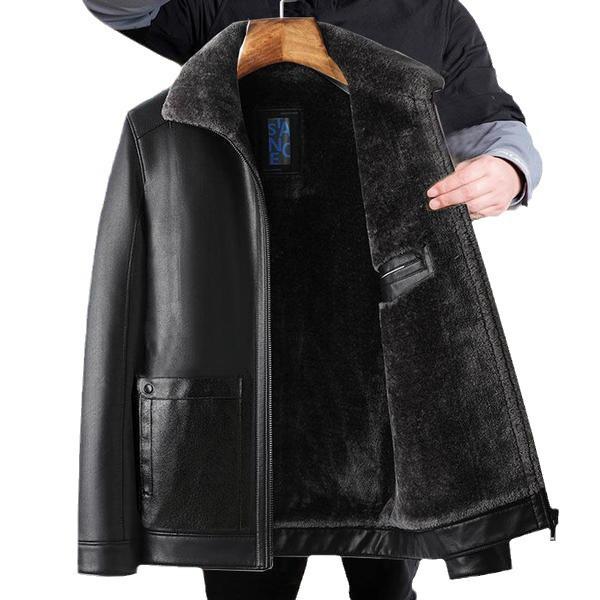 Jachetă din piele de oaie pentru bărbați cu guler răsfrânt - Groasă, Mărime mare, Casual, Îmbrăcăminte de tip „Tată”