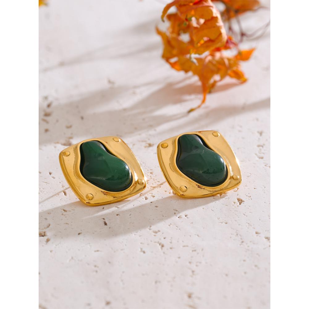 Yhpup Fashion Stainless Steel Cast Stud Earrings for Women Statement Jewelry Inlaid Green Resin Stone 18k Gold PVD Plated Gift