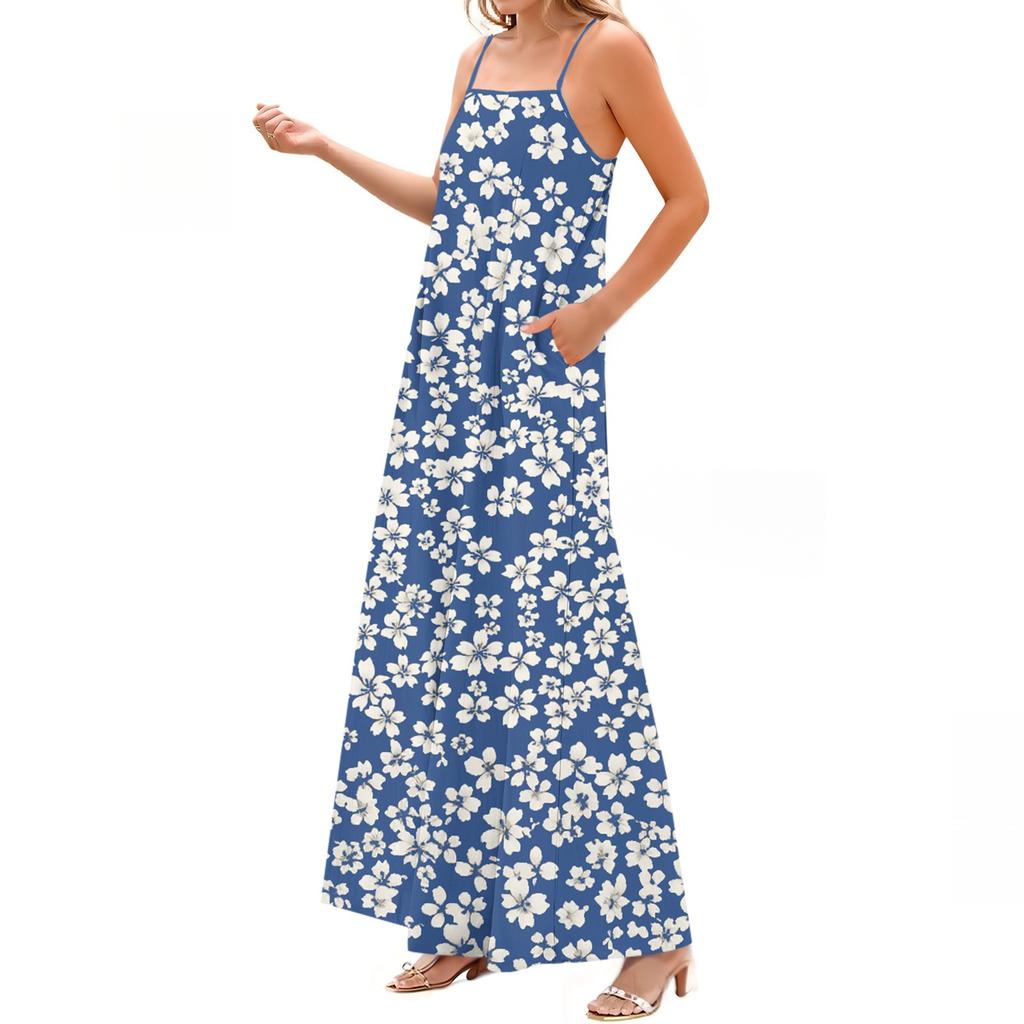 Women's Spring And Summer Casual Fashion Adjustable Suspender Printing Long Dress