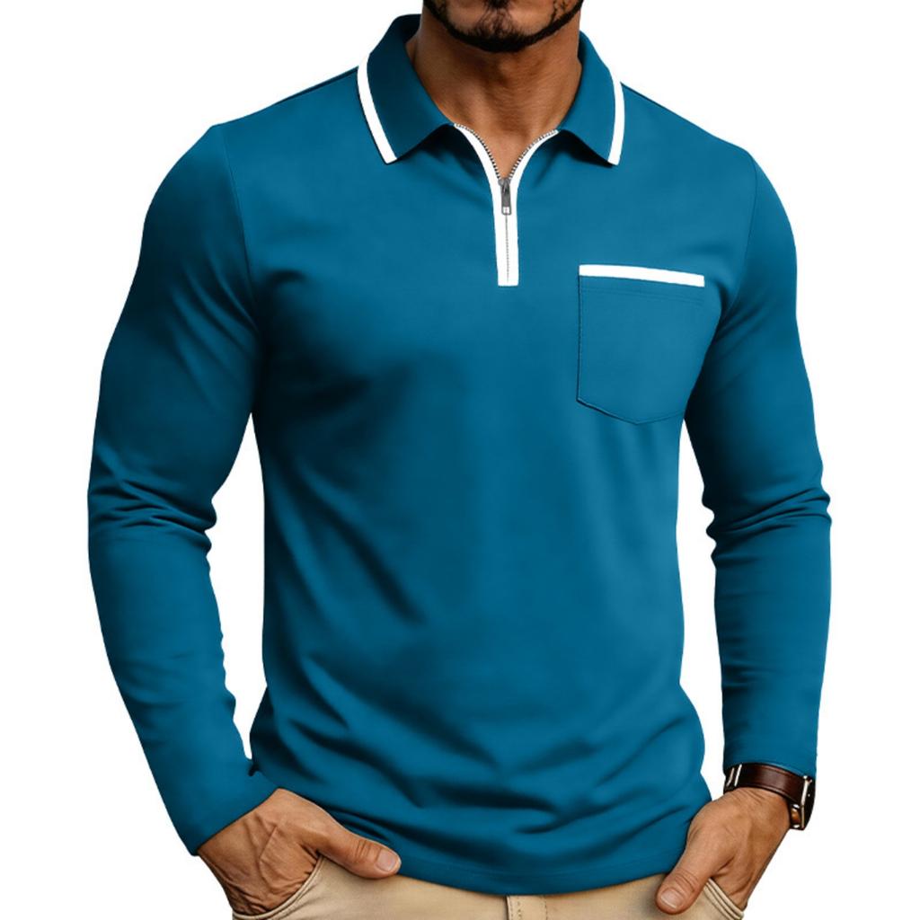 Men Long Sleeve Polo Shirt Zipper Collar Casual Slim Fit Top with Patch Pocket and Contrast Trim for Daily Wear