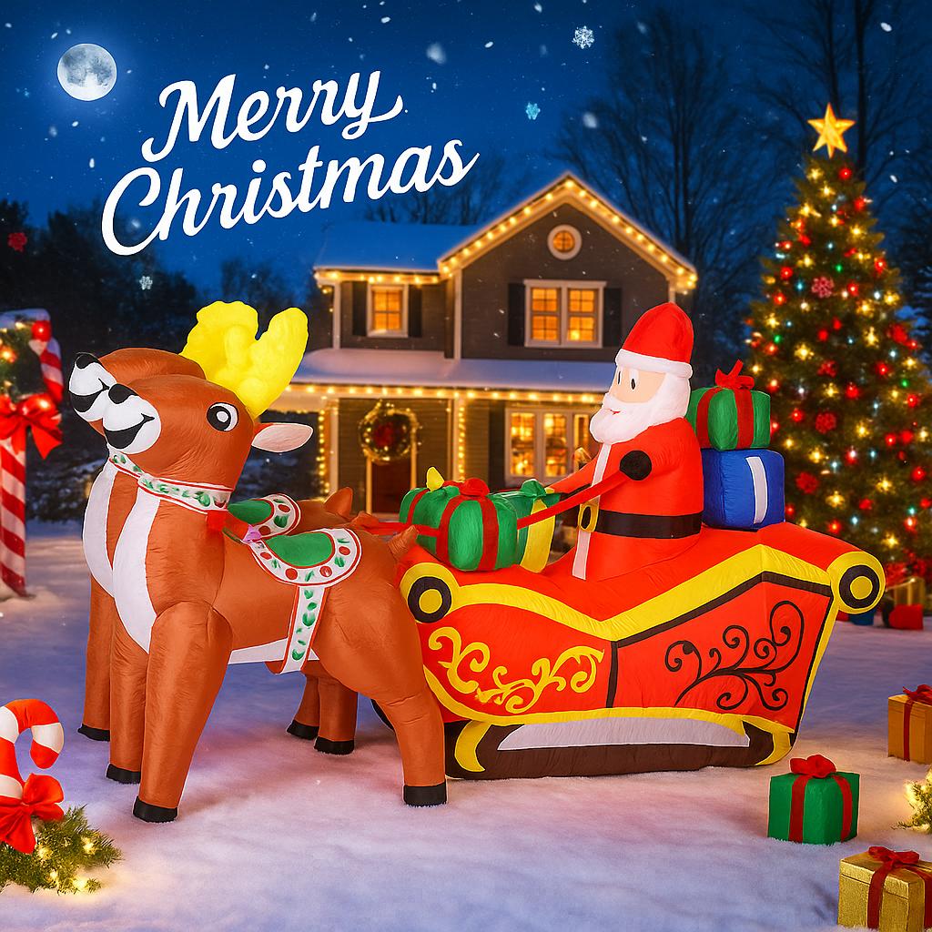8.2FT Christmas Inflatable Toys Xmas Yard Lawn Party Decoration Santa Sleigh Reindeer Gift Bag Home Xmas Supplies Ornament LED