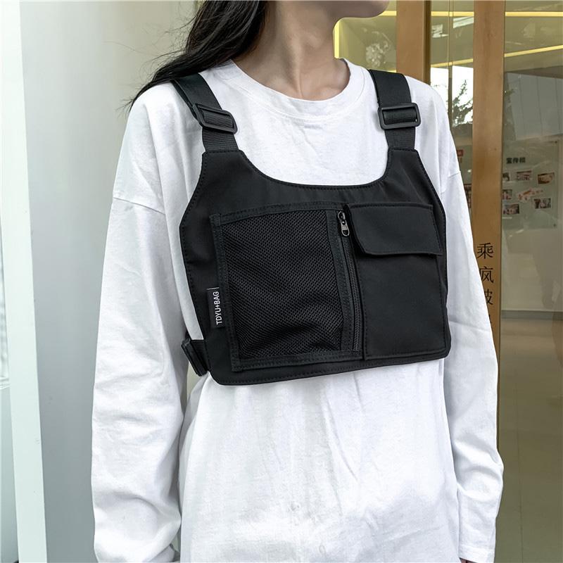 Sac de Poitrine Hip-hop Streetwear Unisexe en Nylon Haute Qualité Sacs de Poitrine Multi- Sac à Dos 34CMX20CMX1CM noir