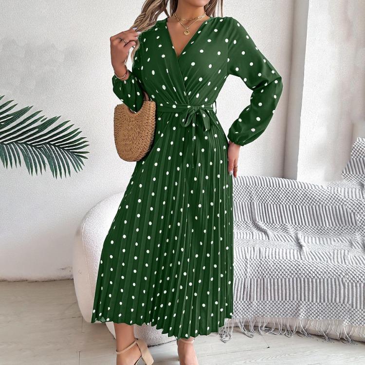 Women Long Sleeve A Line Long Dress High Waist Dot Pleated Autumn Winter Fashion