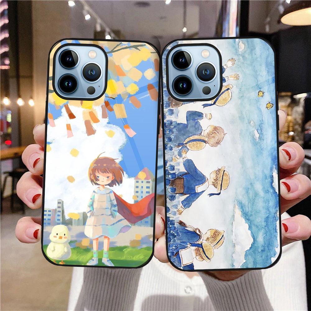 Cartoon Girl And Boy Case For Iphone 14 13 12 11 Pro Max Mini Xs Xr X 7 8 6s Plus Se 2022 Tempered Glass Cover Protection Shell