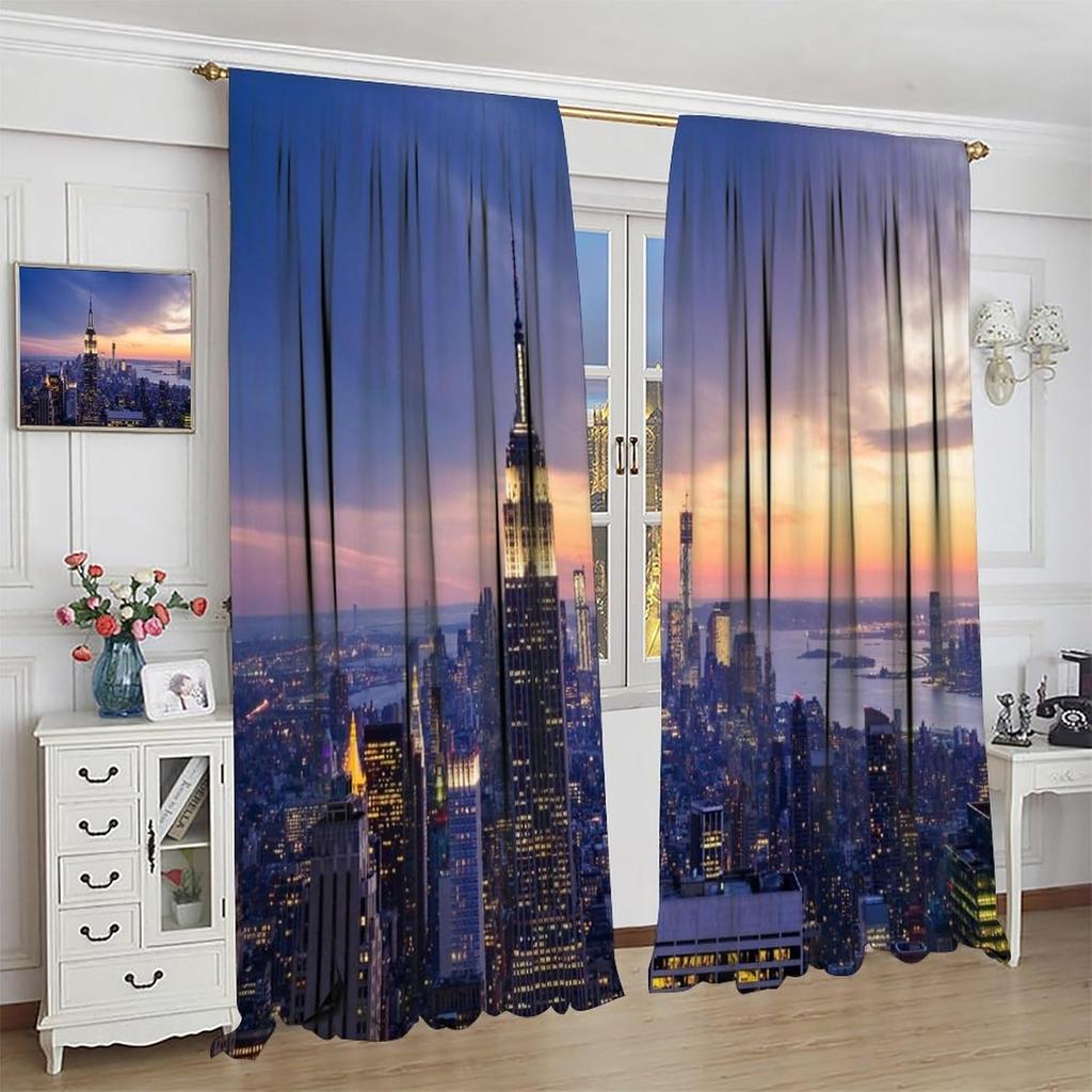 Modern Curtains, New York City Skyline with A Skyscrapers At The Night with Sunset American Urban Li for Living Rooms and Bedrooms Drapes 2 Panels
