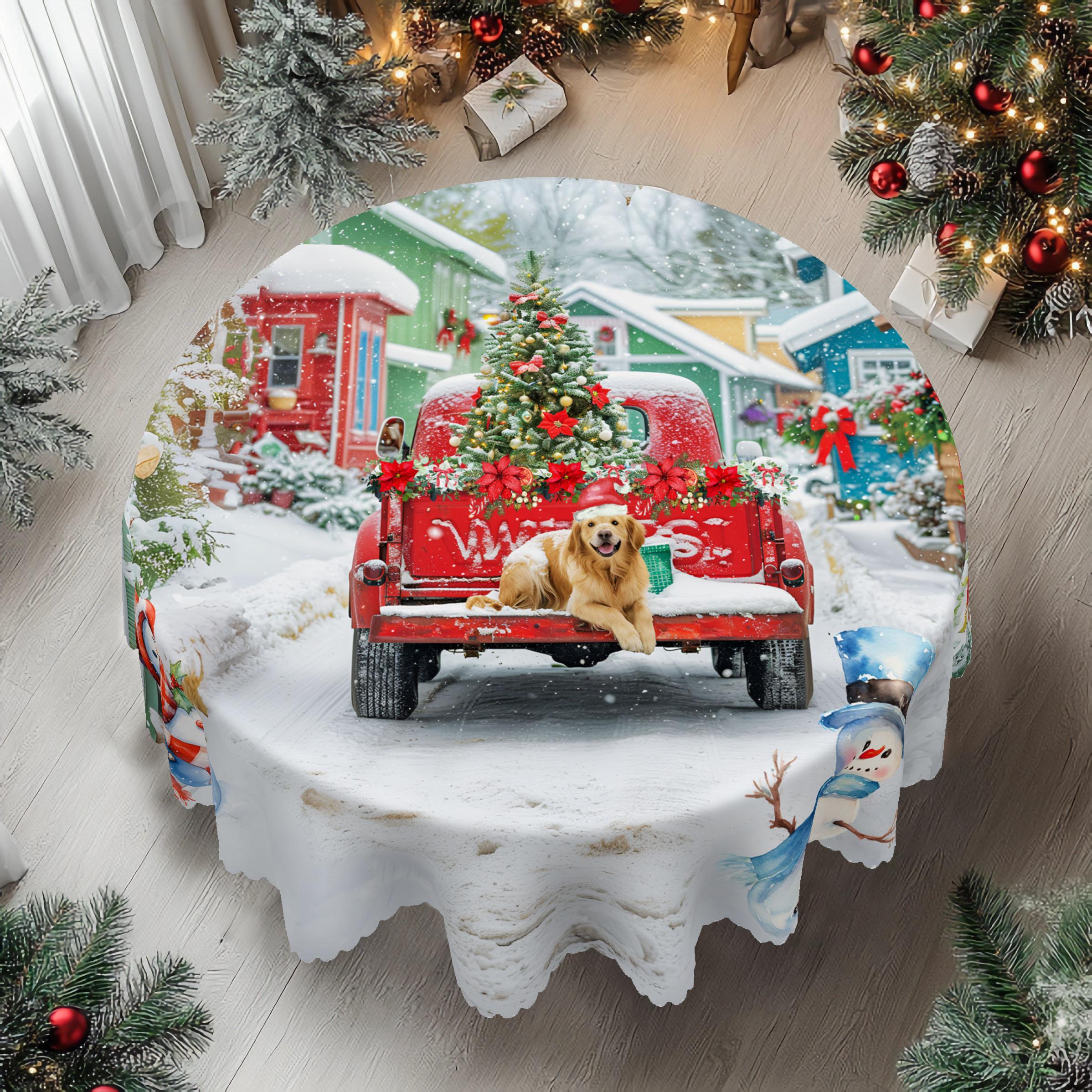 1 Piece Christmas-Themed Tablecloth, Multiple Sizes, Cute Truck And Puppy Pattern Decorative Tablecloth, Printed Tablecloth, Christmas Party Gathering Round (152)Cm