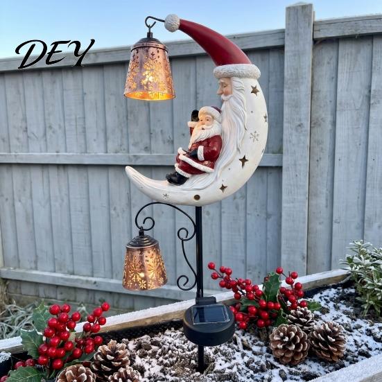 Holiday Landscape Light Santa Moon Garden Stake Light, Solar Powered Claus Lamp Festive Resin Lights with Stake, Decorative for Outdoor Yard