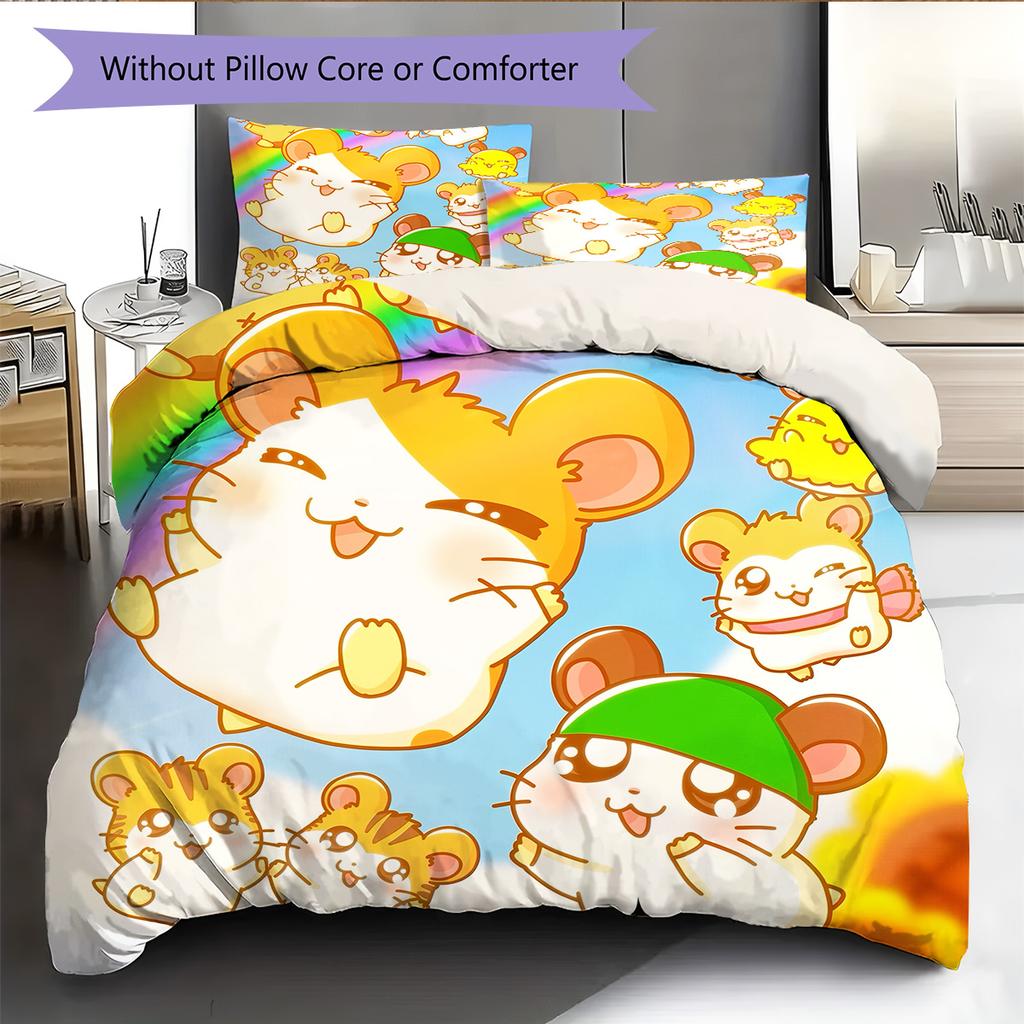 Hamtaro Muster Bettwäsche Bettdecke Set Heimdekoration Geschenk (1 Bettbezug + 2 Kissenbezüge (ohne Füllung))
