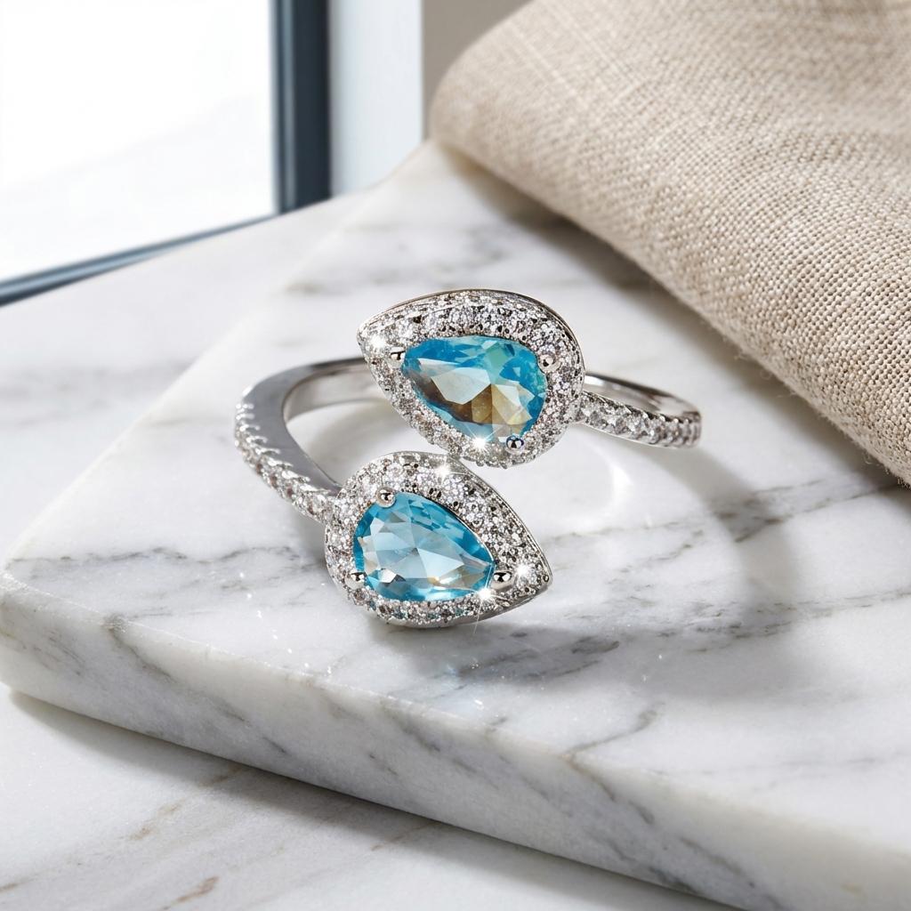 Romantic Blue Double Teardrop Crystal Adjustable Ring for Women Exquisite Micro Paved Zircon Open Finger Ring Party Jewelry